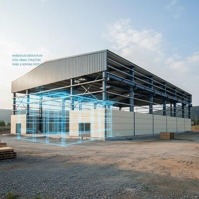 Склад из стальной конструкции с классом сейсмостойкости 8, оцинкованной поверхностью и ветровой нагрузкой 0,35 кН/м²